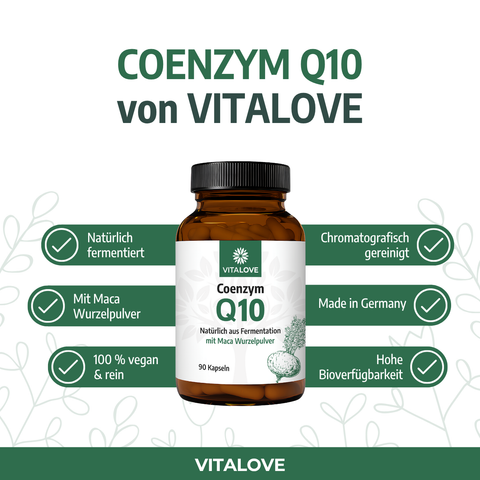 VITALOVE Coenzym Q10 Kapseln mit Maca Wurzelpulver, Braunglasdose, deutschsprachige Vorteile