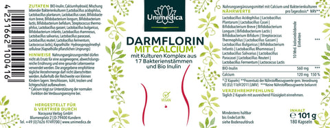 Darmflorin mit Calcium - mit Kulturen Komplex aus 17 Bakterienstämmen und Bio Inulin - Probiotika -180 Kapseln - von Unimedica