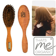 THATS ME ORGANIC Holzhaarbürste mit Wildschweinborsten, Produktfoto und Frau mit glänzendem Haar
