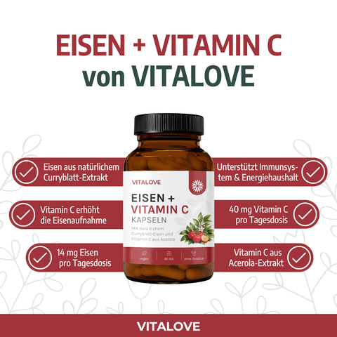 Eisen und Vitamin C von Vitalove mit 14 mg Eisen und 40 mg Vitamin C