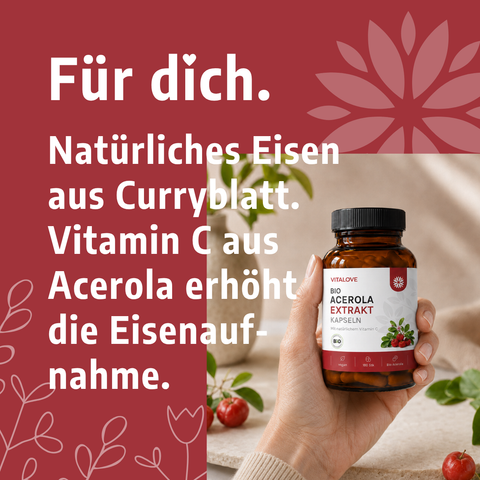 Vitalove Eisen und Vitamin C Kapseln mit pflanzlichem Eisen aus Curryblatt