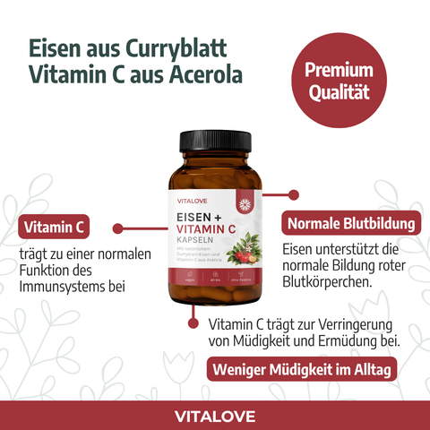 Vitalove Eisen und Vitamin C Kapseln für Blutbildung und Immunsystem