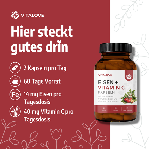 Vitalove Eisen und Vitamin C mit 60 Kapseln für 60 Tage