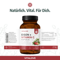 Vitalove Eisen und Vitamin C Kapseln mit Produktetikett und Nährwertangaben