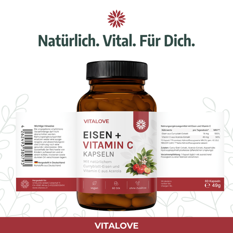 Vitalove Eisen und Vitamin C Kapseln mit Produktetikett und Nährwertangaben