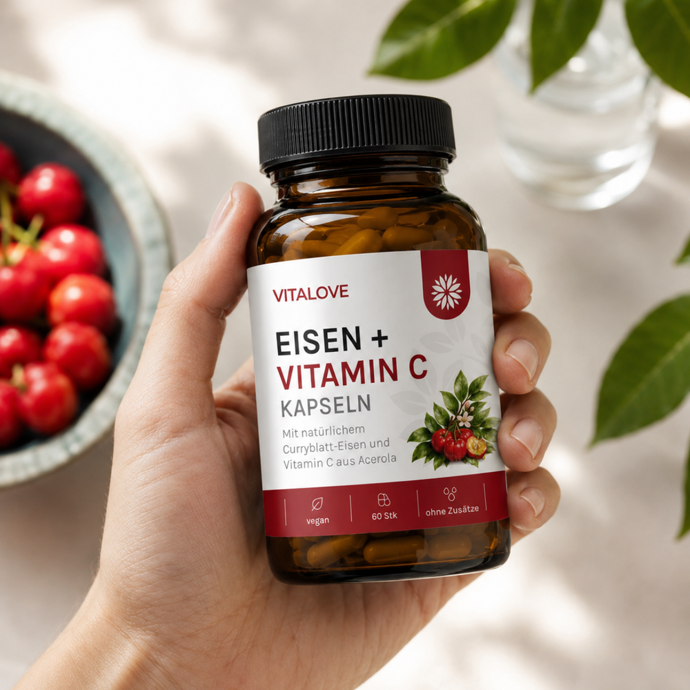 Eisen + Vitamin C Kapseln - Natürlich aus Curryblatt & Acerola Extrakt - 60 Kapseln