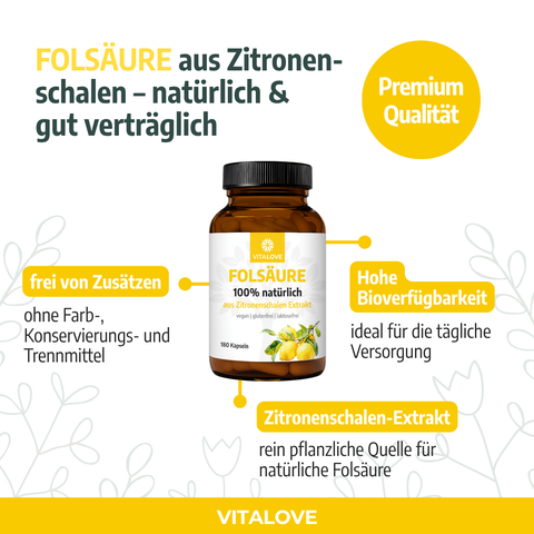 Folsäure - aus Zitronenschalen Extrakt  - 180 Kapseln (vegan)