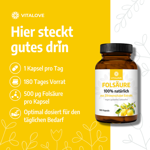 Folsäure - aus Zitronenschalen Extrakt  - 180 Kapseln (vegan)