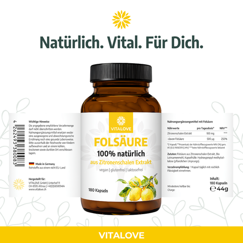 Folsäure - aus Zitronenschalen Extrakt  - 180 Kapseln (vegan)