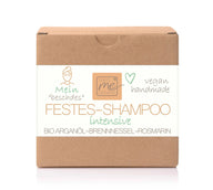 Festes Shampoo intensiv in Recyclingkarton, vegan, handmade, Bio Arganöl, Brennnessel, Rosmarin.