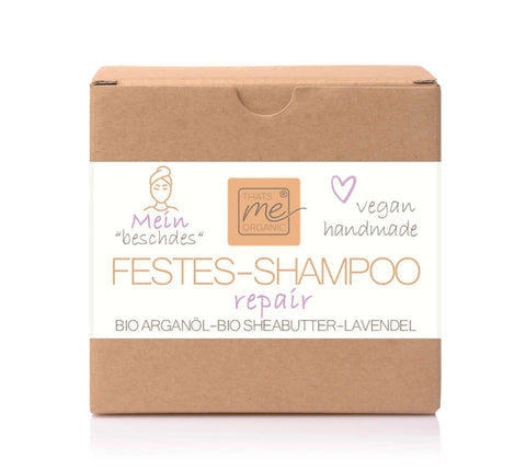 Festes Shampoo Repair in brauner Verpackung, Bio Arganöl, Sheabutter, Lavendel, vegan, handmade