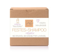Festes Shampoo Repair in brauner Verpackung, Bio Arganöl, Sheabutter, Lavendel, vegan, handmade