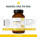 Vitalove Vitamin C gepuffert mit Produktinformationen und Verpackungsansicht