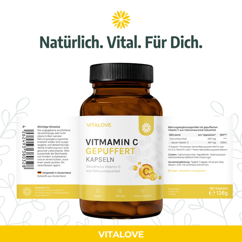 Vitalove Vitamin C gepuffert mit Produktinformationen und Verpackungsansicht