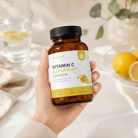 VITALOVE Vitamin C gepuffert Kapseln in einer Frauenhand