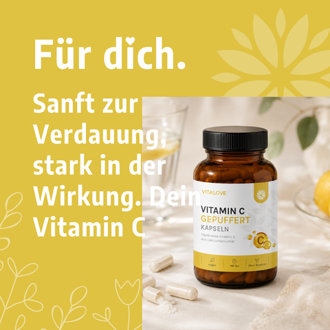 VITALOVE Vitamin C gepuffert Kapseln auf hellem Stoff