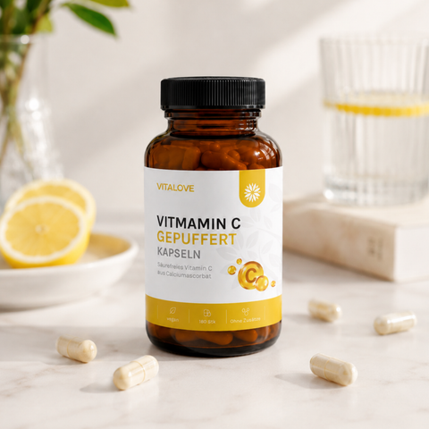 Vitalove Vitamin C gepuffert Kapseln mit Zitronen und einzelnen Kapseln