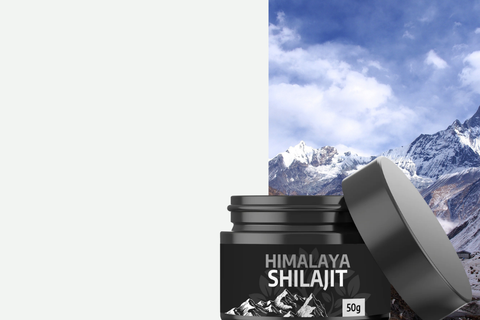 VITALOVE Himalaya Shilajit 50g Dose vor verschneiter Bergkulisse