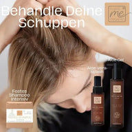 Frau massiert Kopfhaut, festes Shampoo, Aloe Vera Splash und Aloe Gel gegen Schuppen abgebildet