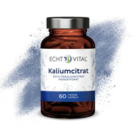 Echt Vital Kaliumcitrat Kapseln braunes Glas, 60 vegane Kapseln vor blauem Sprüheffekt