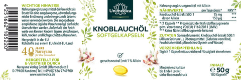 Knoblauchöl Softgelkapseln - 500 : 1 konzentriert - 15 mg Knoblauchöl-Extrakt pro Tagesdosis - Kapseln