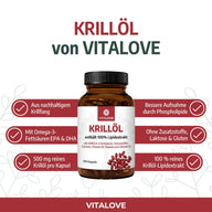 Vitalove Krillöl Kapseln Glas mit Etikett, Omega-3, 100% Lipidextrakt, nachhaltiger Krillfang