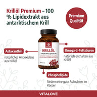 Vitalove Krillöl Premium 100% Lipidextrakt Glas mit Softgelkapseln, Omega-3, Astaxanthin, Phospholipide