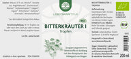 Etikett der LebensKraftPur Bio Bitterkräuter I Tropfen 200ml, Zutatenliste und grüne Pflanzengrafik