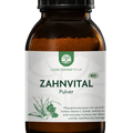 Braunes Weithalsglas mit LebensKraftPur Bio Zahnvital Pulver, 200g, Etikett mit Pflanzenabbildung