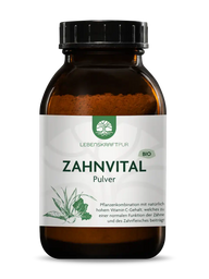 Braunes Weithalsglas mit LebensKraftPur Bio Zahnvital Pulver, 200g, Etikett mit Pflanzenabbildung