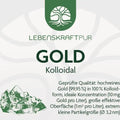 Etikett einer 250ml Flasche LebensKraftPur Gold Kolloidal mit Produktinformationen, Barcode und grünem Logo.