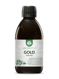 Braune 250ml-Flasche LebensKraftPur Gold kolloidal mit grün-weißen Etikett, Produktfoto