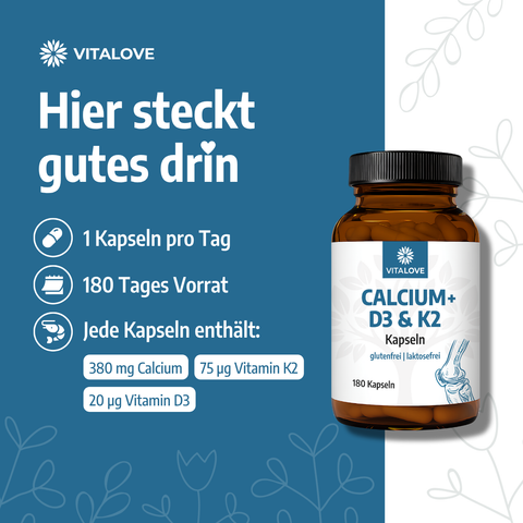 Natürliches Calcium + D3 & K2 - 180 Kapseln