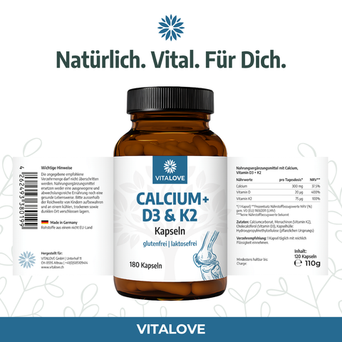 Natürliches Calcium + D3 & K2 - 180 Kapseln