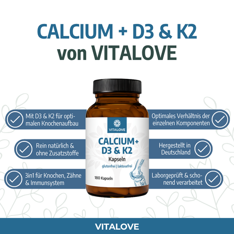 Natürliches Calcium + D3 & K2 - 180 Kapseln