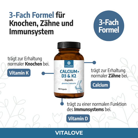 Natürliches Calcium + D3 & K2 - 180 Kapseln