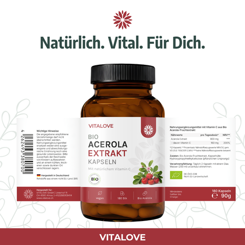 Vitalove Bio Acerola Extrakt mit Produktinformationen und natürlichem Vitamin C