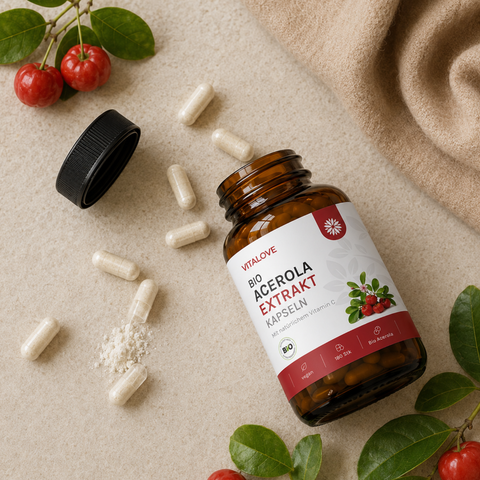 Geöffnete Vitalove Bio Acerola Dose mit Kapseln und weissem Pulver