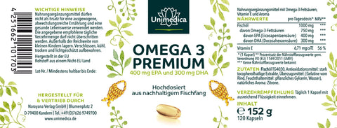 Omega 3 - Premium Fischöl mit 400 mg EPA und 300 mg DHA - hochdosiert - aus nachhaltigem Fischfang - 1.000 mg pro Tagesdosis (1 Kapsel) - 120 Softgelkapseln