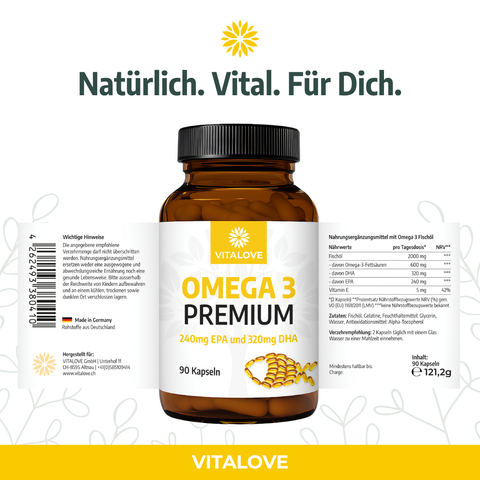 Omega 3 - Premium Fischöl mit 240 mg EPA und 320 mg DHA - 90 Kapseln