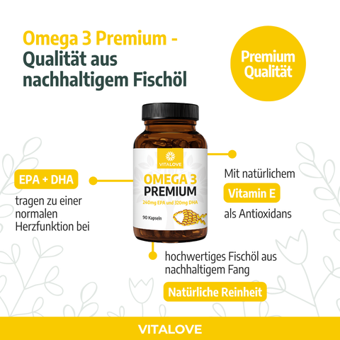 Omega 3 - Premium Fischöl mit 240 mg EPA und 320 mg DHA - 90 Kapseln