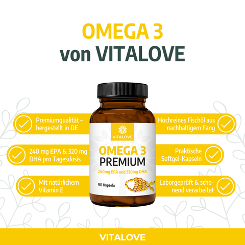 Omega 3 - Premium Fischöl mit 240 mg EPA und 320 mg DHA - 90 Kapseln