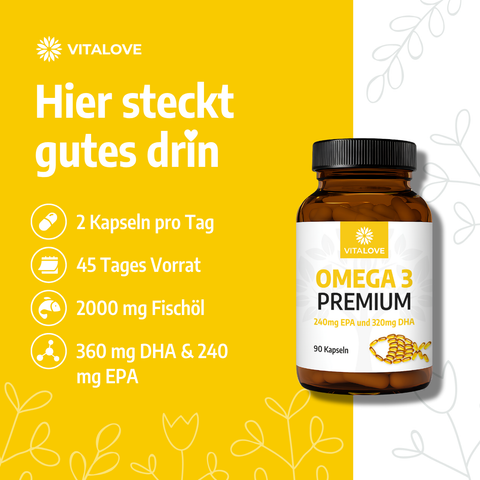 Omega 3 - Premium Fischöl mit 240 mg EPA und 320 mg DHA - 90 Kapseln