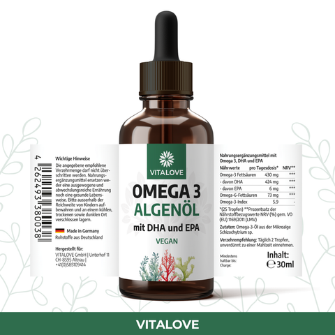 Omega 3 Algenöl Tropfen - mit DHA und EPA - Vegan - 30ml