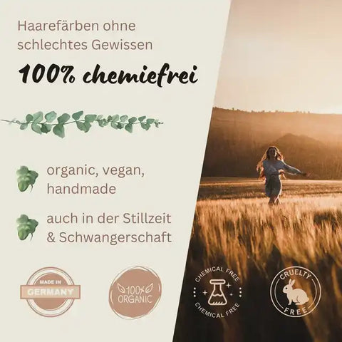Frau läuft durch Feld im Sonnenuntergang, Text zu chemiefreier, veganer und organischer Haarfarbe.