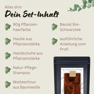 Set-Inhalt für Pflanzenhaarfarbe mit Beutel Bio-Schwarztee, Natur-Pflege-Shampoo, Zubehör