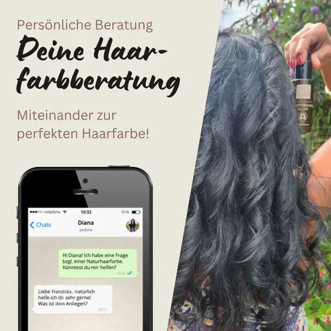 Haarfarbberatung Werbung mit Handy-Chat, Frau mit dunklem Haar, Naturhaarfarbe Anwendung