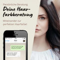 Frau mit dunklem Haar, Handy mit WhatsApp-Chat, Haarfarbenberatung, persönliche Beratung