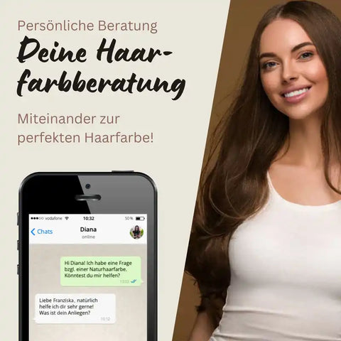 Frau mit langen braunen Haaren, Handy mit Chat, Haarfarbberatung Werbung
