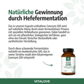Vitalove Coenzym Q10 Kapseln, natürliche Hefefermentation, Braunglasdose auf weißem Hintergrund